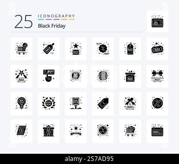 Black Friday 25 Solid Glyph icon pack including discount. promotion. favorite. label. black friday Stock Vector