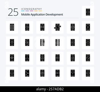Mobile Application Development 25 Solid Glyph icon pack including application. div. heart. arrows. mail Stock Vector