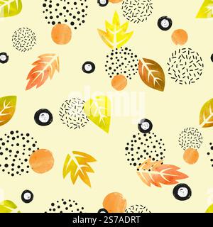 Abstract autumn pattern with watercolor leaves and dots. Vector print Stock Vector