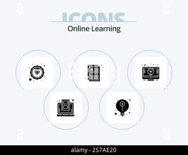 Online Learning Glyph Icon Pack 5 Icon Design. idea. pages. diamond. notes. documents Stock Vector