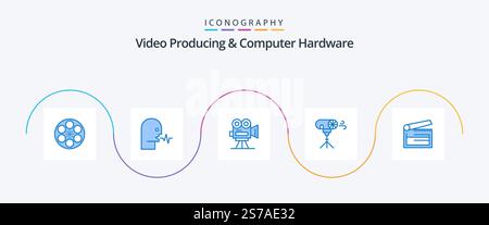 Video Producing And Computer Hardware Blue 5 Icon Pack Including photographic. effects. speech. professional. film Stock Vector