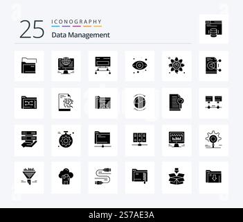 Data Management 25 Solid Glyph icon pack including server . globe . database. connection Stock Vector