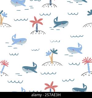 Cute marine pattern with cartoon whales and palm trees. Seamless vector sea print Stock Vector