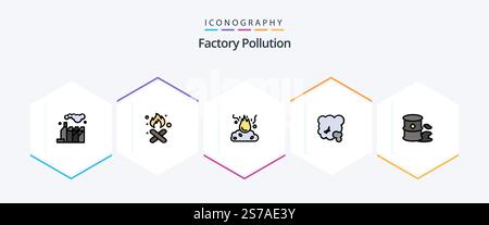 Factory Pollution 25 FilledLine icon pack including . pollution. air. garbage. barrels Stock Vector