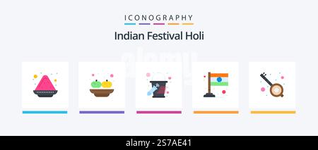 Holi Flat 5 Icon Pack Including party. music. bucket. india. flag. Creative Icons Design Stock Vector
