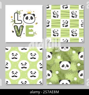 Set of cute panda bears card and seamless patterns. Vector print for kids Stock Vector