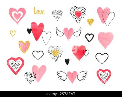 Cute watercolor hearts set. Valentines day vector illustration Stock Vector
