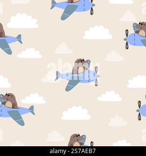 Seamless pattern with cute moles on planes. Baby print with cartoon pilots Stock Vector