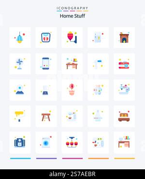 Creative Home Stuff 25 Flat icon pack  Such As fire. . lamp. refrigerator. freezer Stock Vector