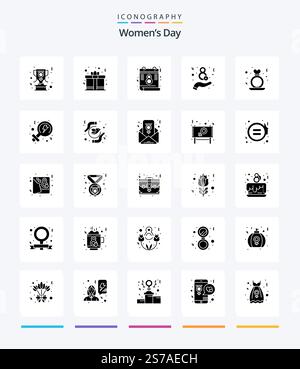 Creative Womens Day 25 Glyph Solid Black icon pack  Such As ring. heart. calendar. day. eight Stock Vector
