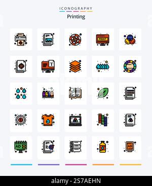 Creative Printing 25 Line FIlled icon pack  Such As design. screen page. color palette. print. doc Stock Vector