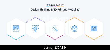Design Thinking And D Printing Modeling 25 Blue icon pack including pencil . star. tricks. project. pentacle Stock Vector