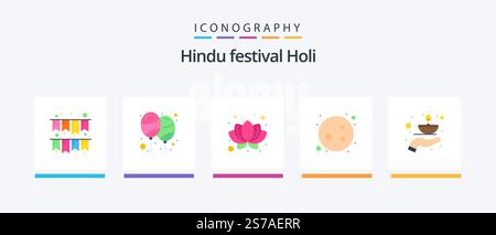 Holi Flat 5 Icon Pack Including lamp. fire. lotus. care. moon. Creative Icons Design Stock Vector