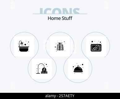 Home Stuff Glyph Icon Pack 5 Icon Design. microwave. weight scale. bath. weight. cooking Stock Vector