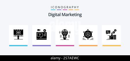 Digital Marketing Glyph 5 Icon Pack Including group. network. youtube. thinking. creative thinking. Creative Icons Design Stock Vector