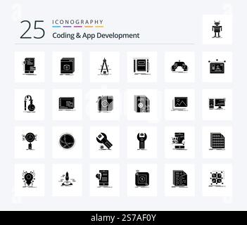 Coding And App Development 25 Solid Glyph icon pack including notepad. book. file. development. product Stock Vector