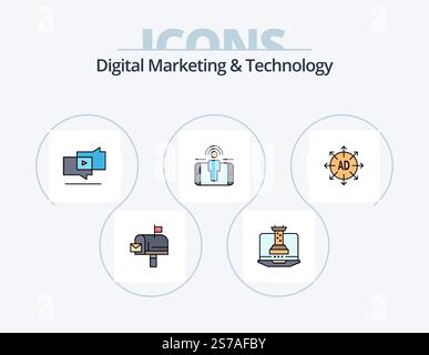 Digital Marketing And Technology Line Filled Icon Pack 5 Icon Design. model. marketing. viral. mobile advertisig. advertising Stock Vector