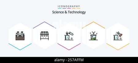 Science And Technology 25 FilledLine icon pack including science lab. chemical science. test tube. raw information. data filtering Stock Vector