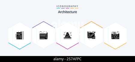 Architecture 25 Glyph icon pack including blue print. tools. paper. development. cone Stock Vector