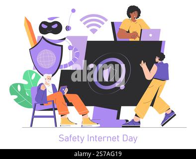 Safety Internet Day concept. People using secure devices with protective icons, illustrating online privacy. Public awareness and cyber security education. Vector illustration. Stock Vector