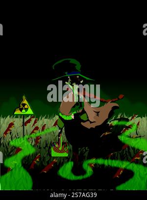 A witch with a gas mask and a basket stands near a radiation warning sign in a desolate, possibly post-apocalyptic, landscape with dying crops. Stock Vector