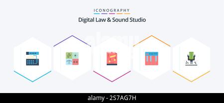 Digital Law And Sound Studio 25 Flat icon pack including midi. hardware. engineering. controller. file Stock Vector
