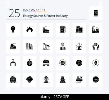 Energy Source And Power Industry 25 Solid Glyph icon pack including construction. drop. building. oil. gasoline Stock Vector