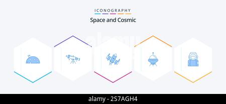 Space 25 Blue icon pack including space. view. alien. ship Stock Vector