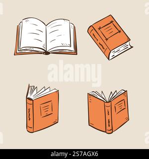 Hand drawn cartoon books set. Vector doodle illustration in retro style Stock Vector