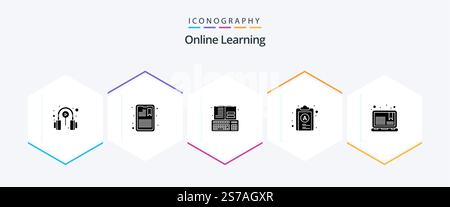 Online Learning 25 Glyph icon pack including notes. file. information. check list. online Stock Vector