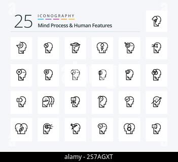 Mind Process And Human Features 25 Line icon pack including write. mind. brian. head. human Stock Vector