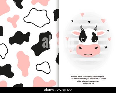 Cute cow face and cow skin seamless patterns. Vector print for kids Stock Vector