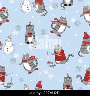 Christmas seamless pattern with cute cartoon cats. Vector holiday winter activity background Stock Vector