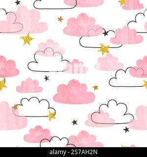 Pink watercolor clouds and stars seamless vector pattern Stock Vector