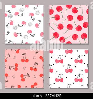 Watercolor cherry patterns. Set of vector seamless backgrounds Stock Vector