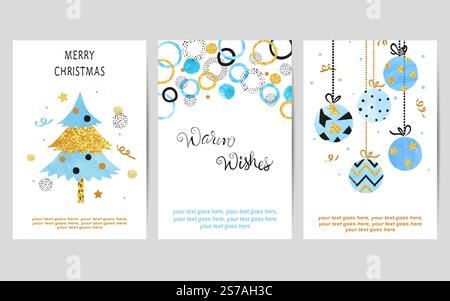Merry Christmas cards set in blue and golden colors. Celebration vector templates with christmas tree and balls Stock Vector