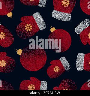 Christmas pattern with red mittens and christmas balls. Vector holiday seamless background Stock Vector