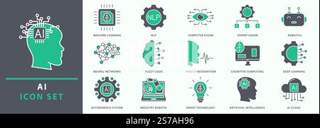 Artificial intelligence icons. Artificial intelligence icon set. Set icon related to artificial intelligence. Vector illustration. Stock Vector