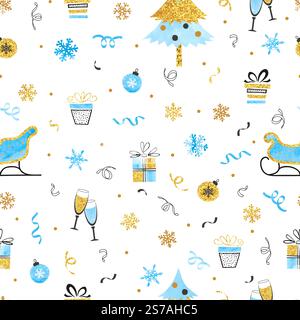 Seamless pattern with Christmas decorations. Vector holiday ornament with Santas sleigh, christmas tree, gifts and snowflakes Stock Vector