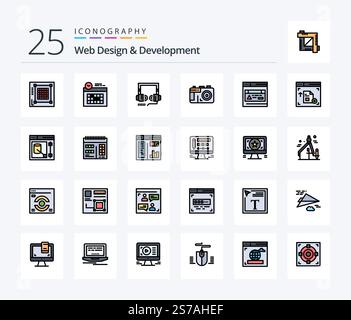 Web Design And Development 25 Line Filled icon pack including web. photo. day. design. web Stock Vector