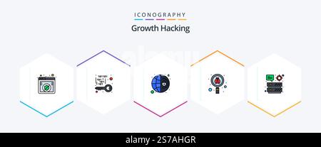 Hacking 25 FilledLine icon pack including datacenter. search. security. scan. settings Stock Vector