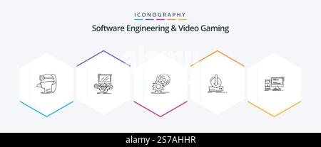 Software Engineering And Video Gaming 25 Line icon pack including content. dvd. internet. software. disc Stock Vector