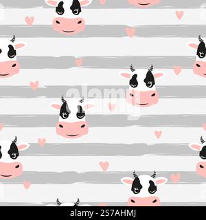 Cute cows seamless pattern. Vector childish striped background Stock Vector
