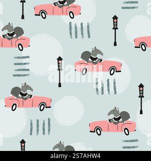 Seamless pattern with cute anteater in the car. Vector childish road illustration Stock Vector