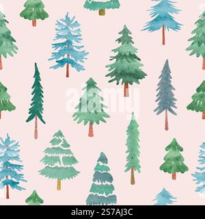 Seamless Christmas tree pattern. Winter watercolor forest vector illustration Stock Vector