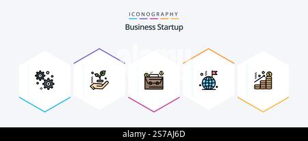 Business Startup 25 FilledLine icon pack including . dollar. dollar. chart. flag Stock Vector