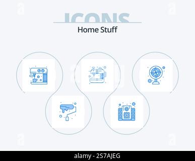 Home Stuff Blue Icon Pack 5 Icon Design. facilities. craft. coffee. sewing machine. appliance Stock Vector
