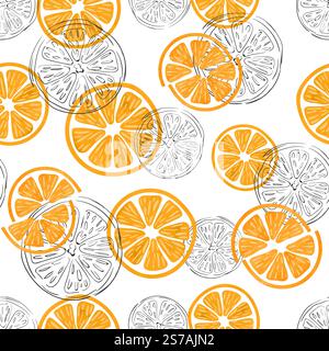 Seamless orange fruit pattern. Vector background with watercolor and doodle orange slices Stock Vector