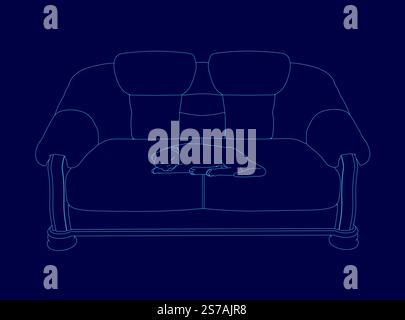 Cat is laying on a couch. The couch is blue and has a pillow on it Stock Vector