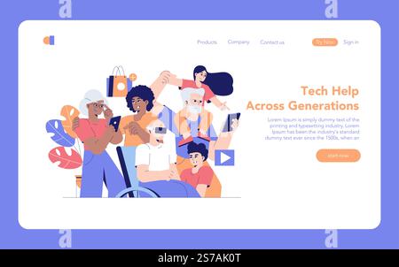Diverse family using technology together, showing intergenerational digital literacy and support. Engaged in various gadgets. Vector illustration. Stock Vector
